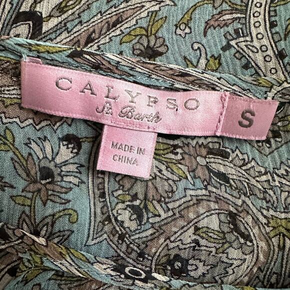 Calypso St. Barth 100% Silk Paisley Blue Blouse Top Boho Peasant Cottage Fairy - Picture 2 of 6